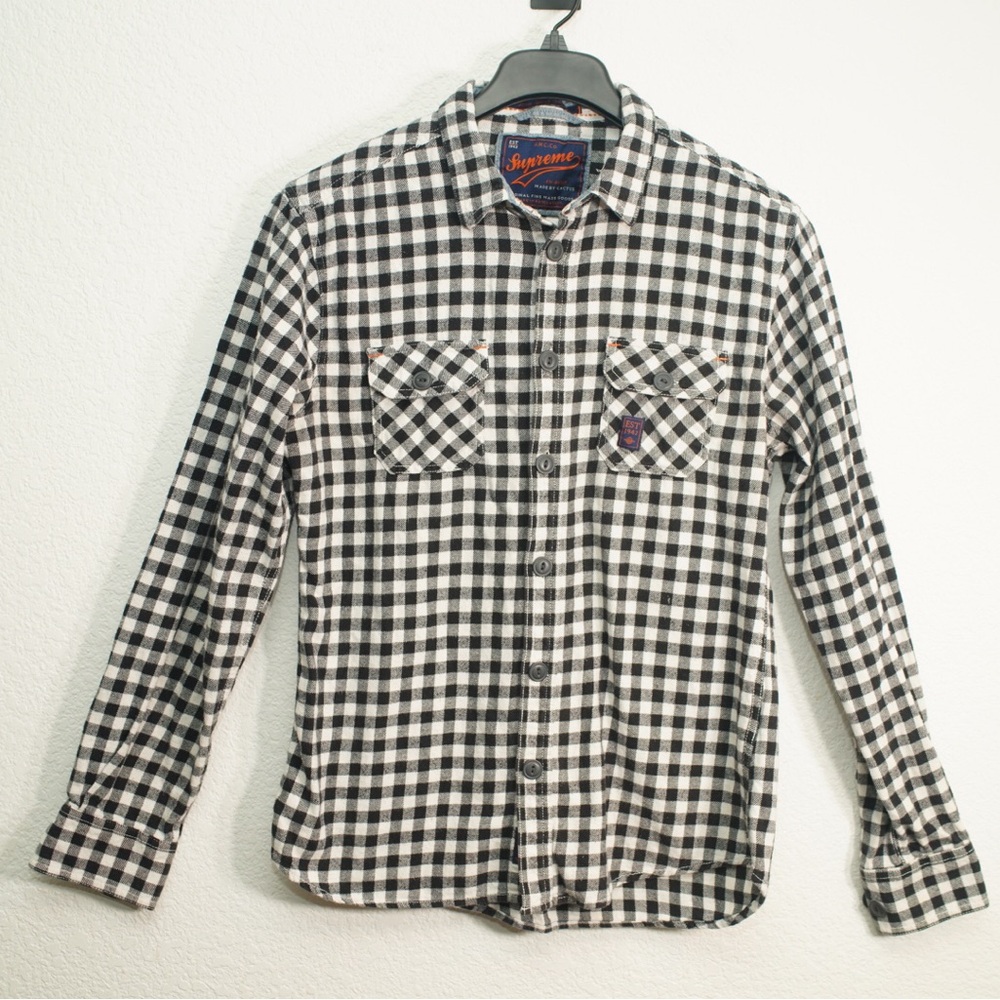 Supreme Flannel Shirt Size Large Long Sleeve Black Check Authentic Logo Cotton